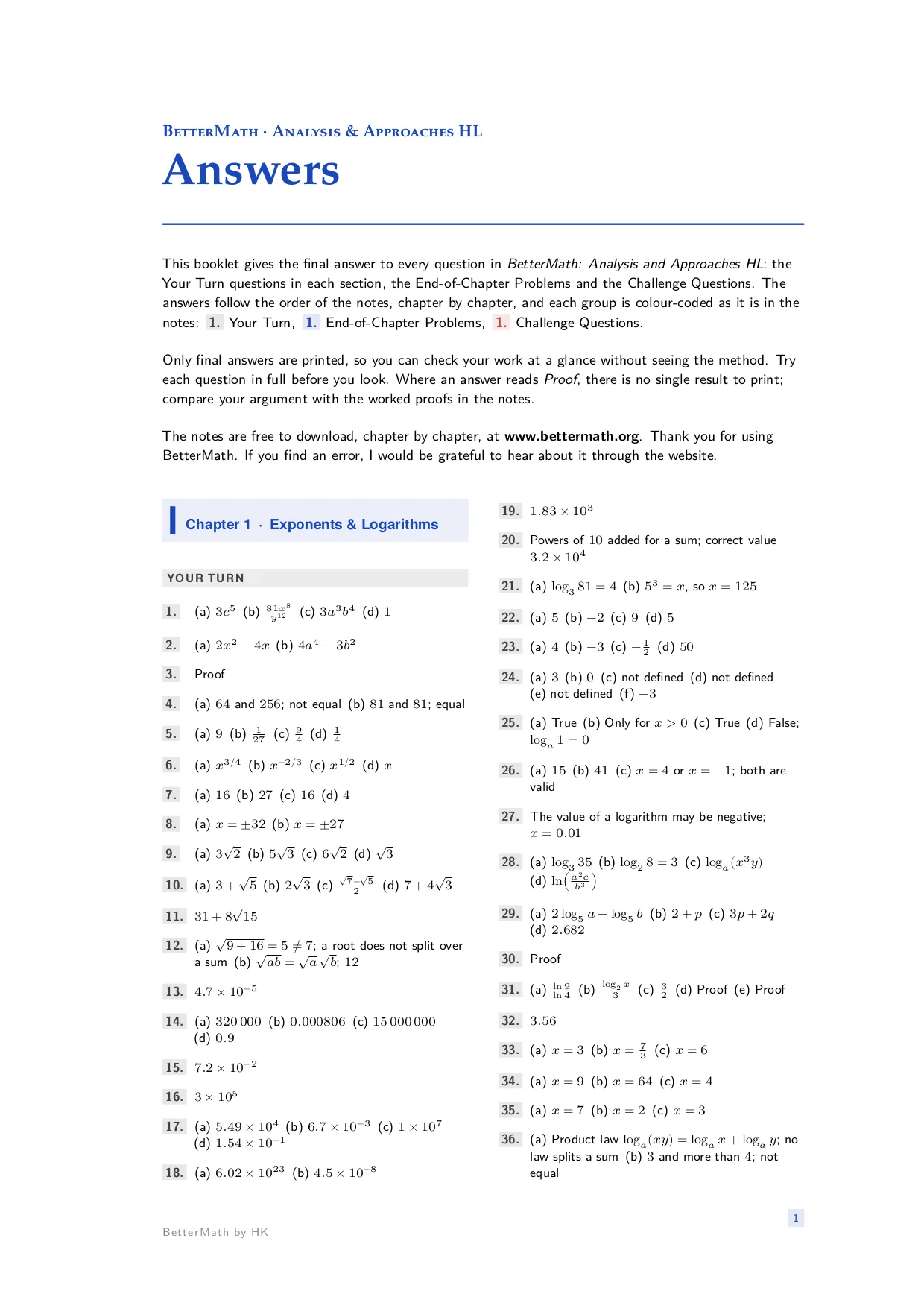 Answers booklet, page 1: Chapter 1, Exponents & Logarithms