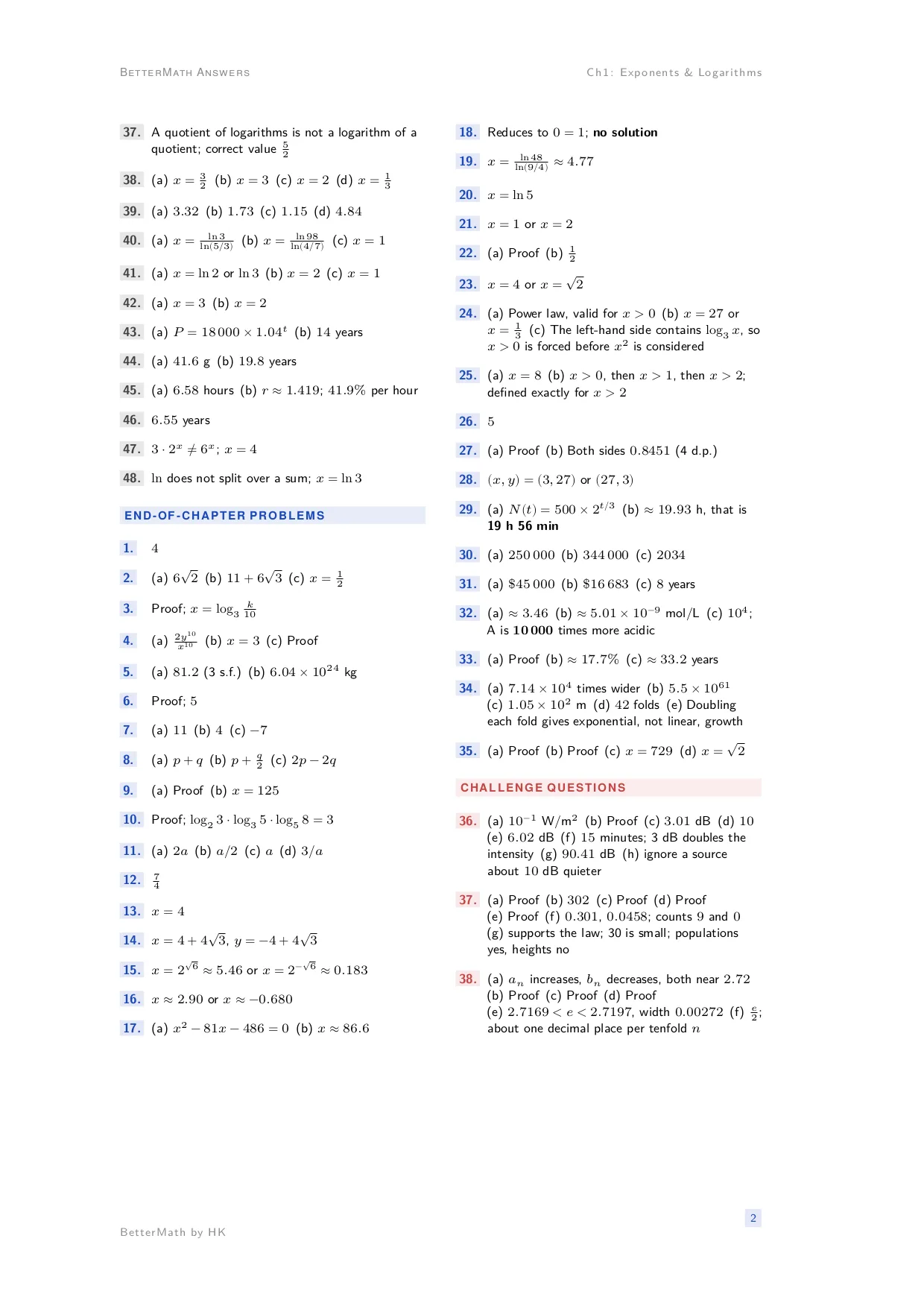 Answers booklet, page 2: Chapter 1, Exp onents & Logarithms