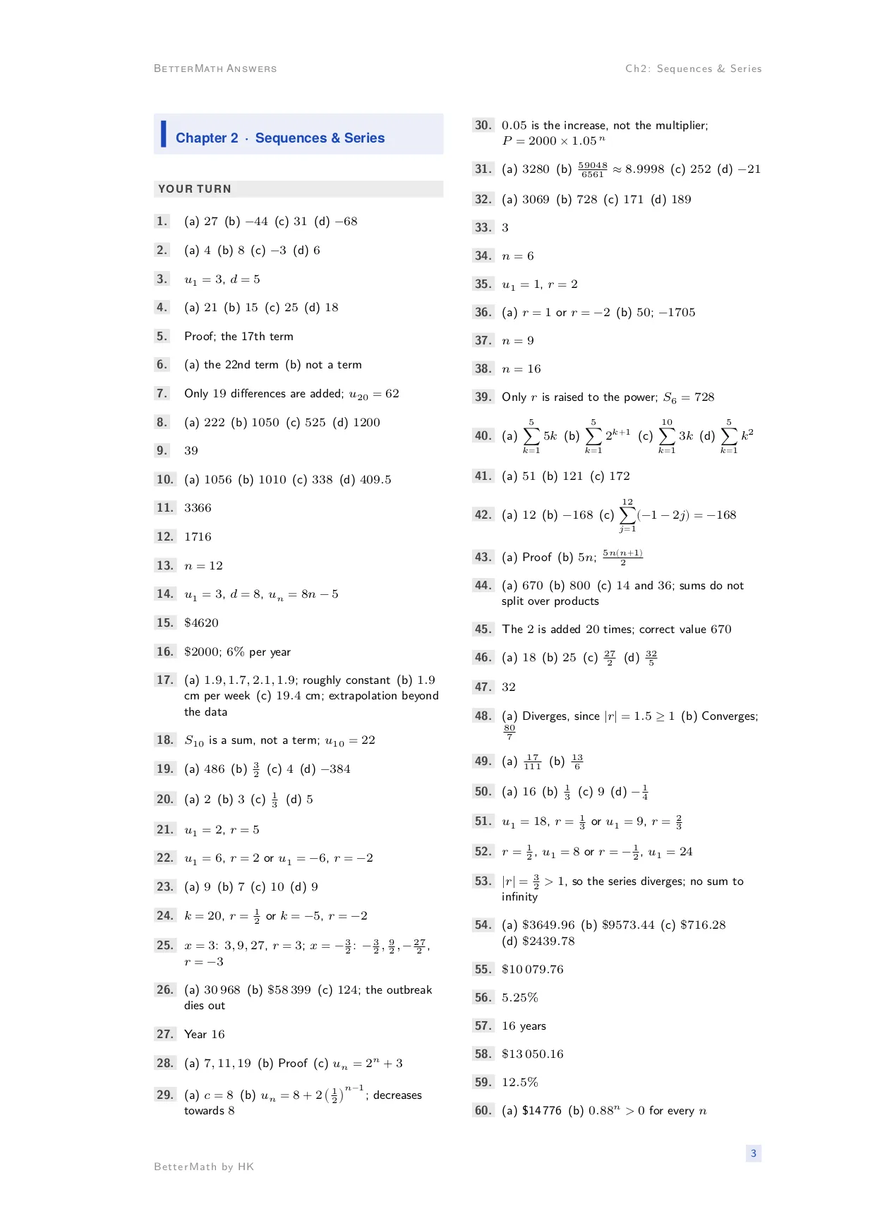 Answers booklet, page 3: Chapter 2, Sequences & Series