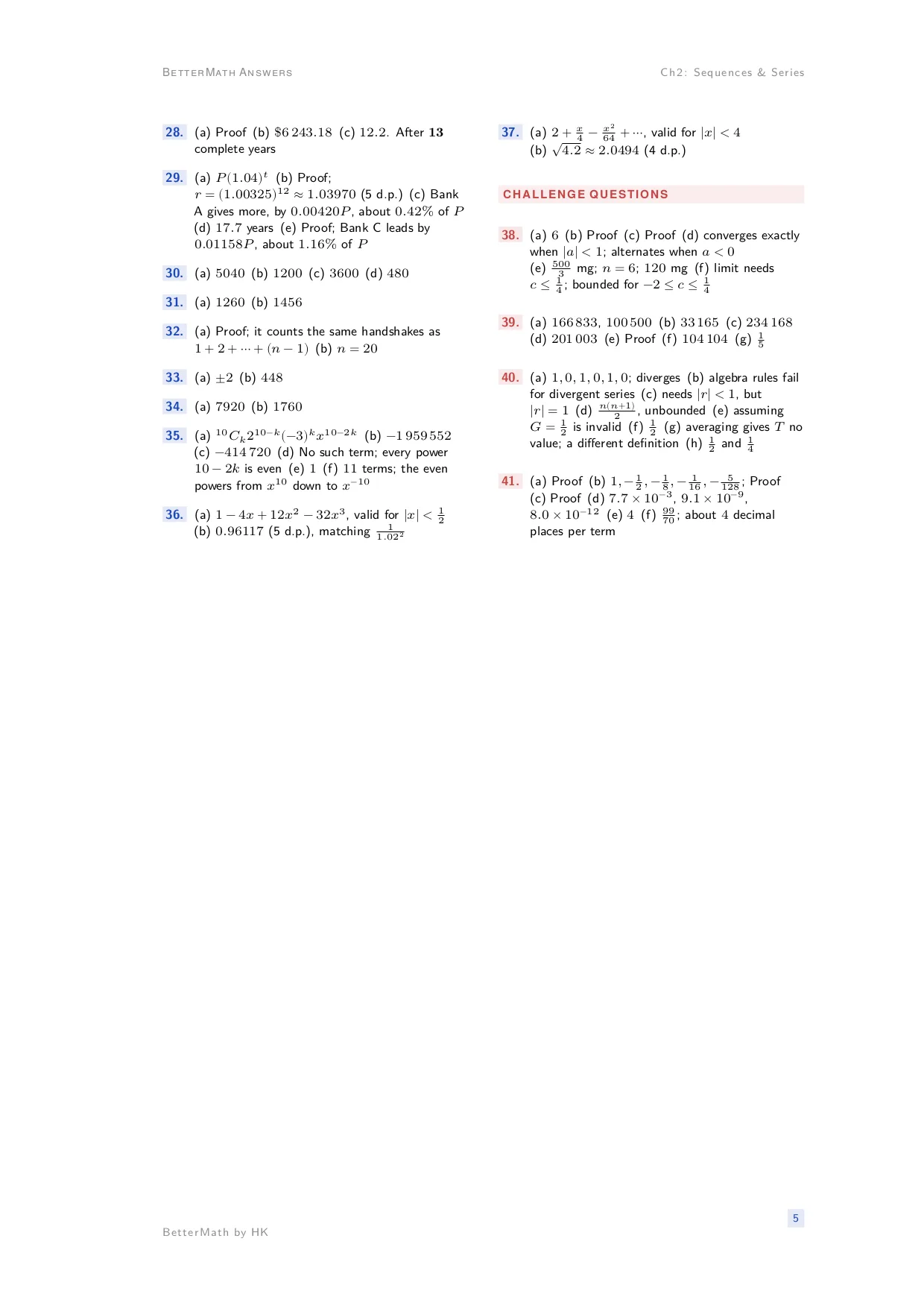 Answers booklet, page 5: Chapter 2, Sequences & Series