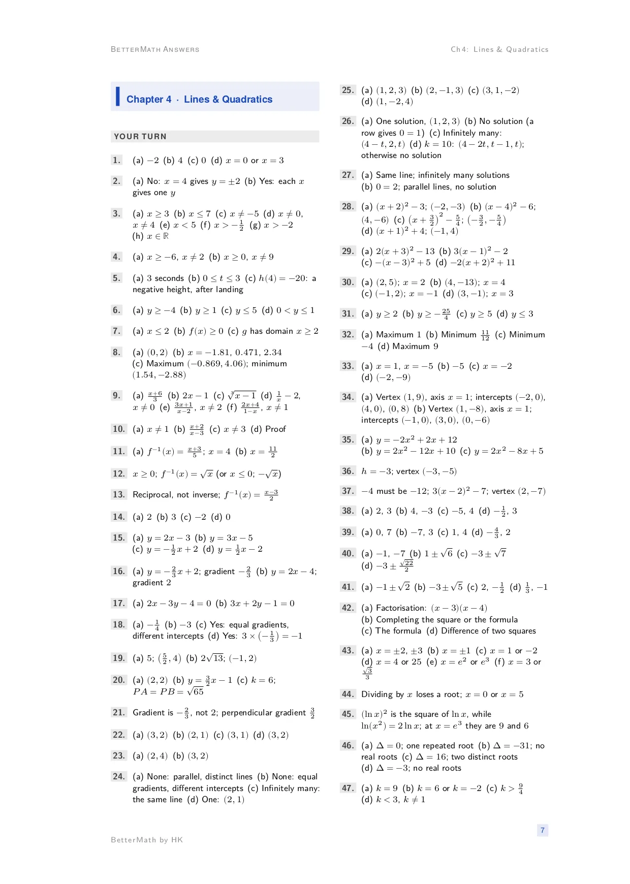 Answers booklet, page 7: Chapter 4, Lines & Quadratics