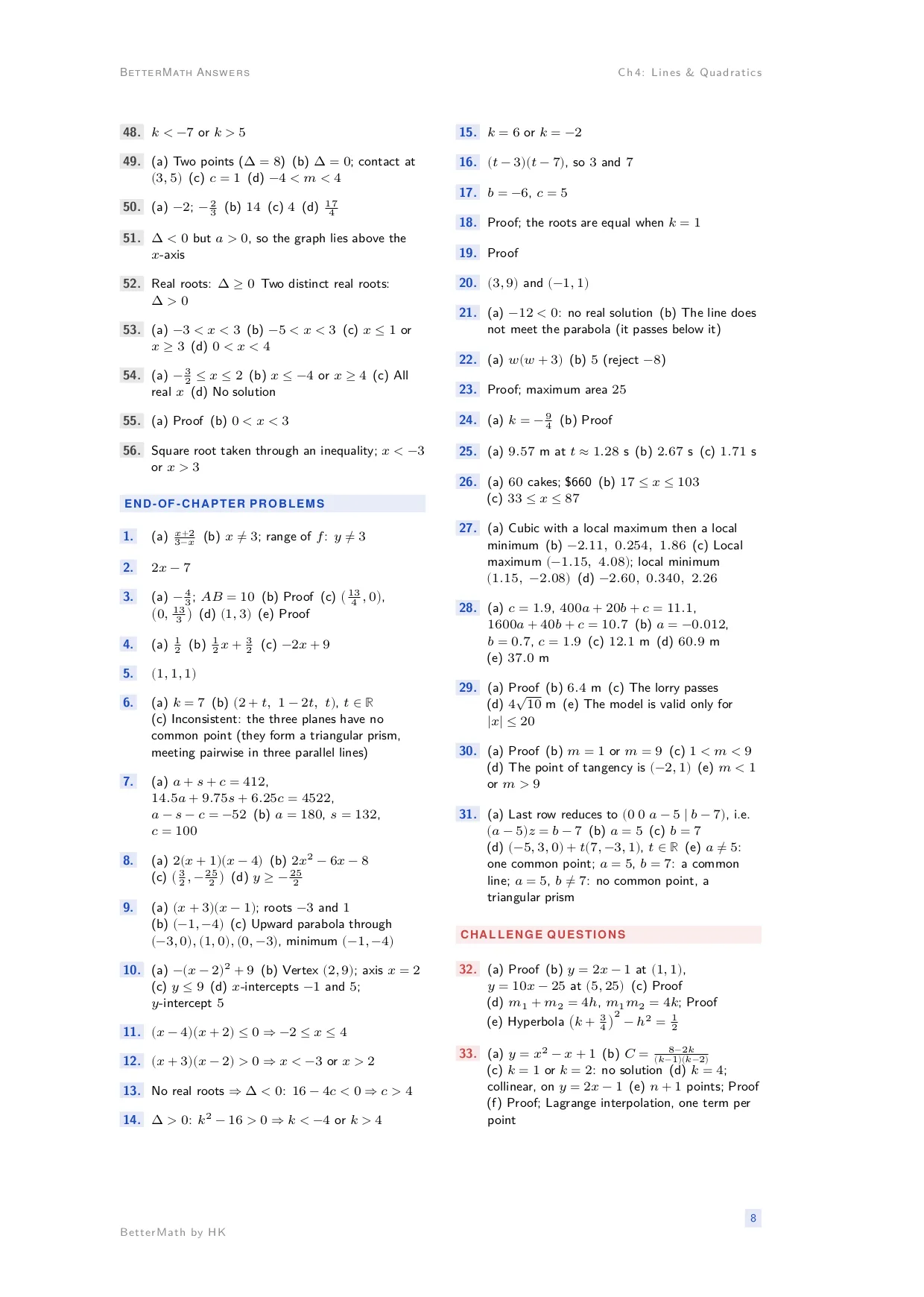 Answers booklet, page 8: Chapter 4, Lines & Quadratics