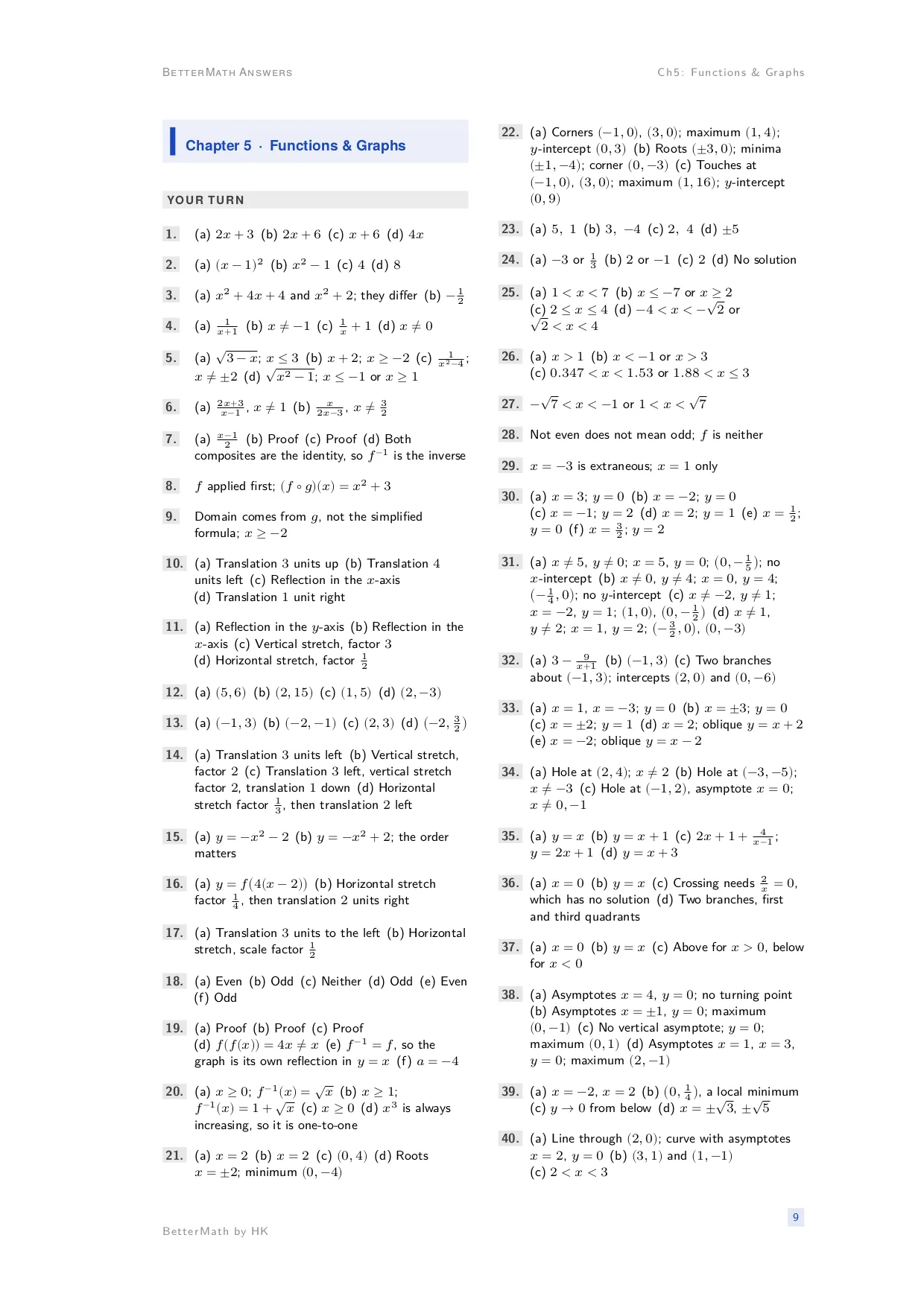 Answers booklet, page 9: Chapter 5, Functions & Graphs