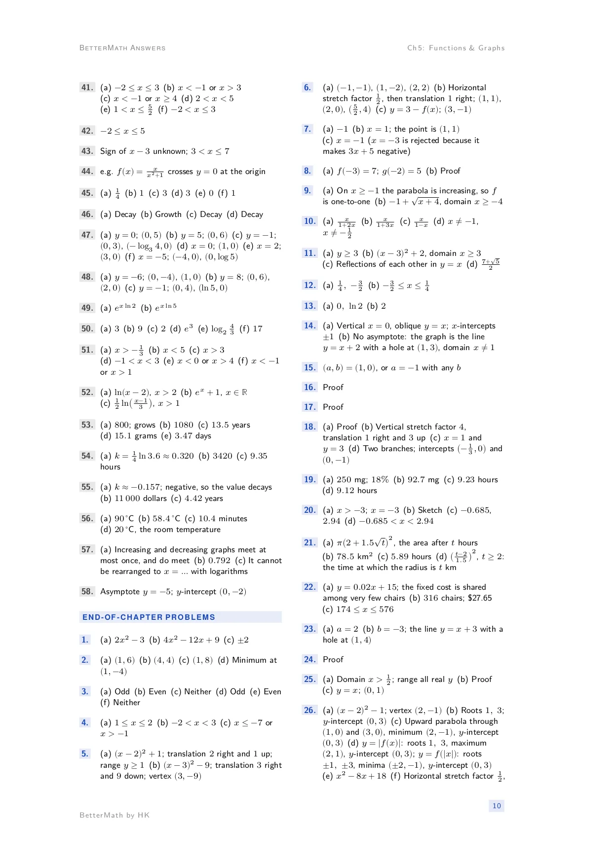 Answers booklet, page 10: Chapter 5, Functions & Graphs
