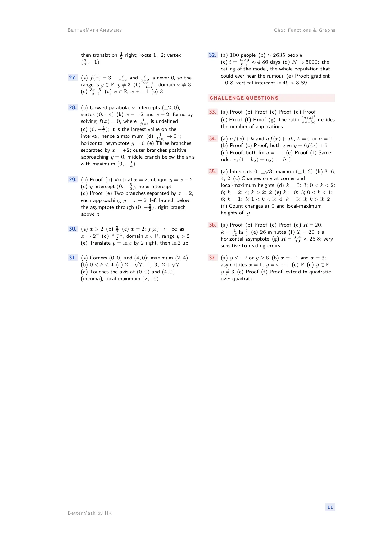 Answers booklet, page 11: Chapter 5, Functions & Graphs
