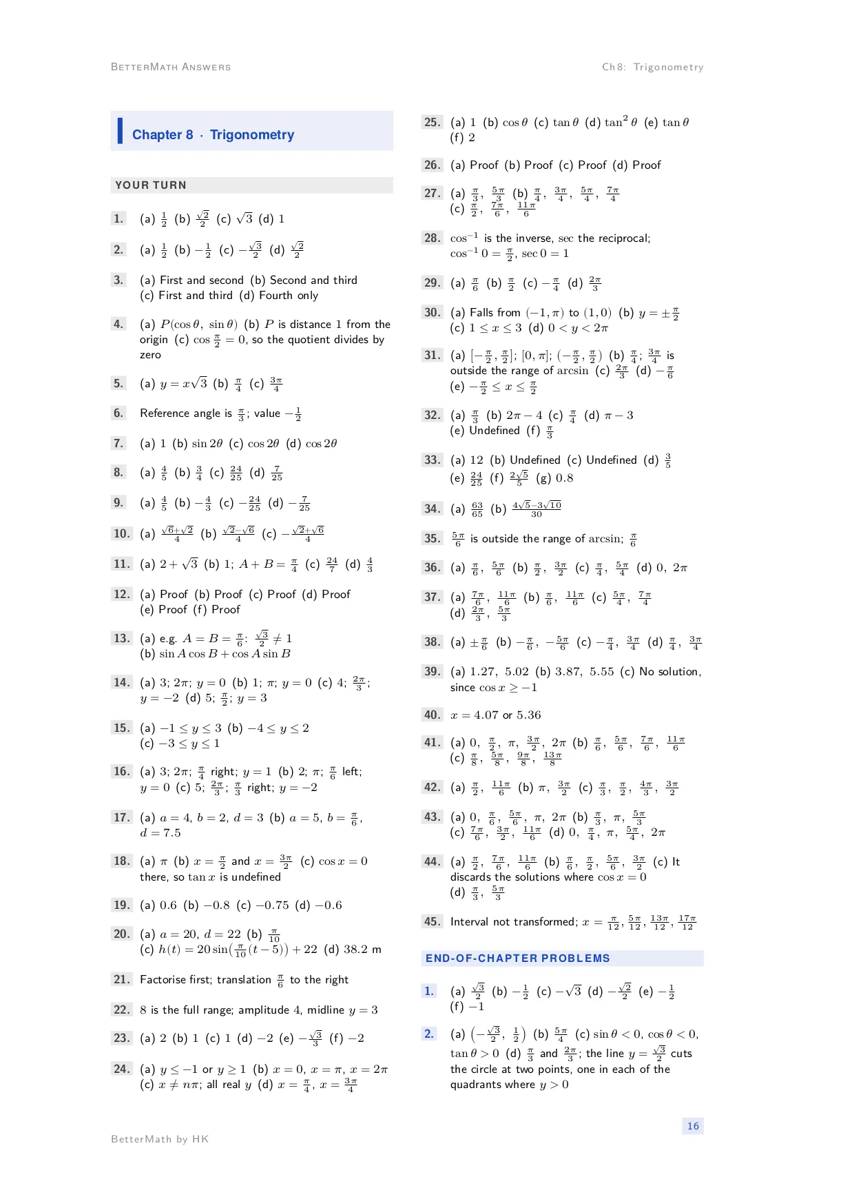 Answers booklet, page 16: Chapter 8, Trigonometry