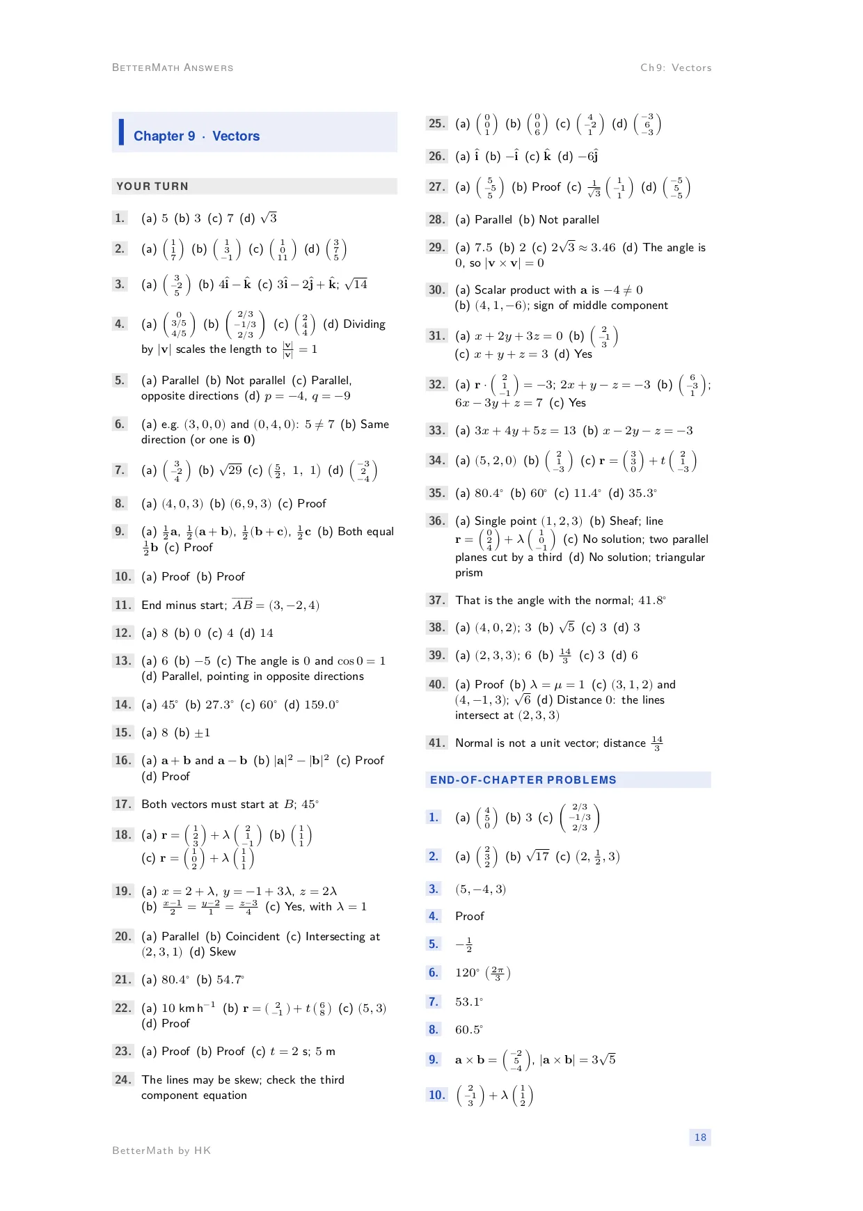 Answers booklet, page 18: Chapter 9, Vectors