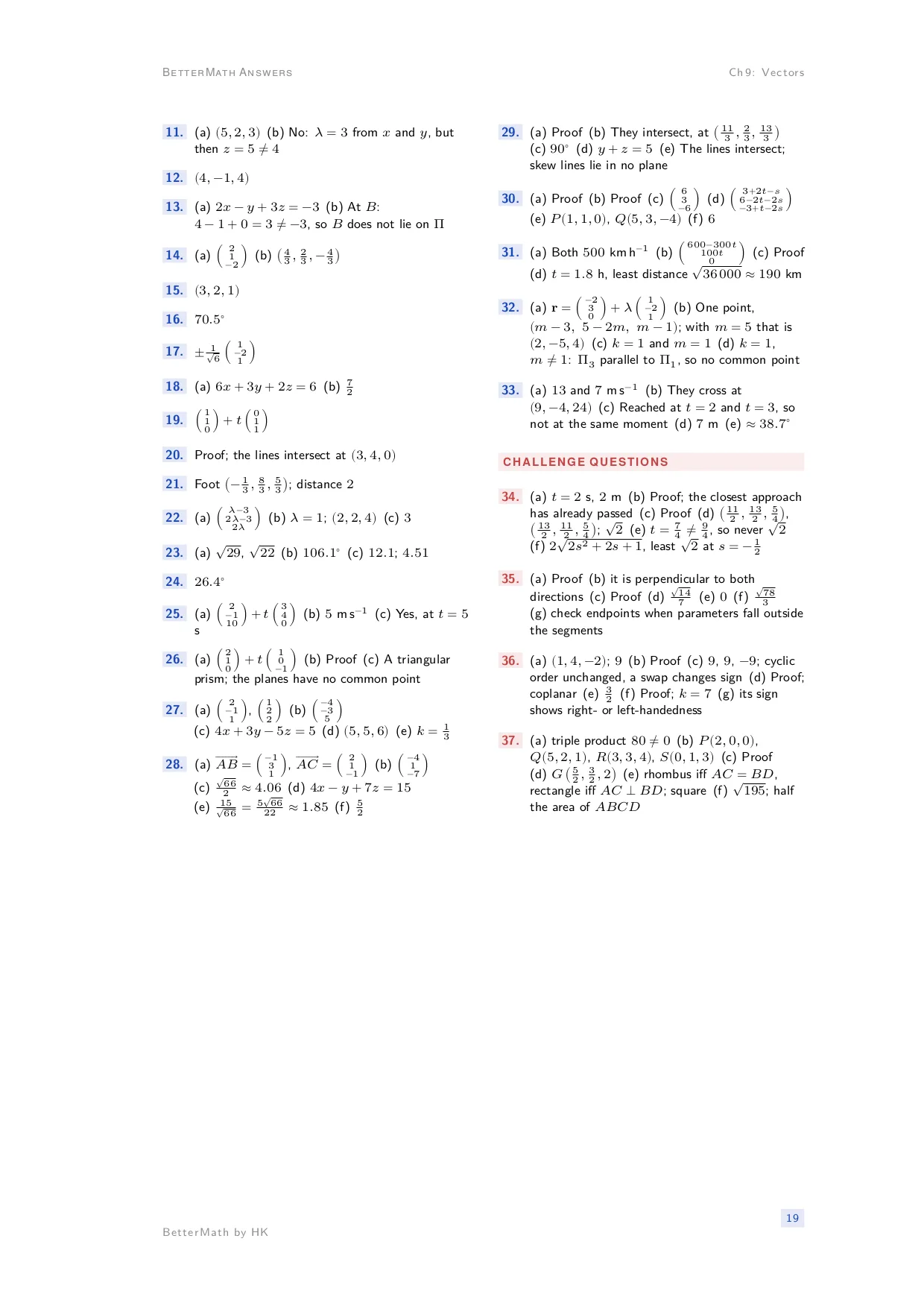 Answers booklet, page 19: Chapter 9, Vectors