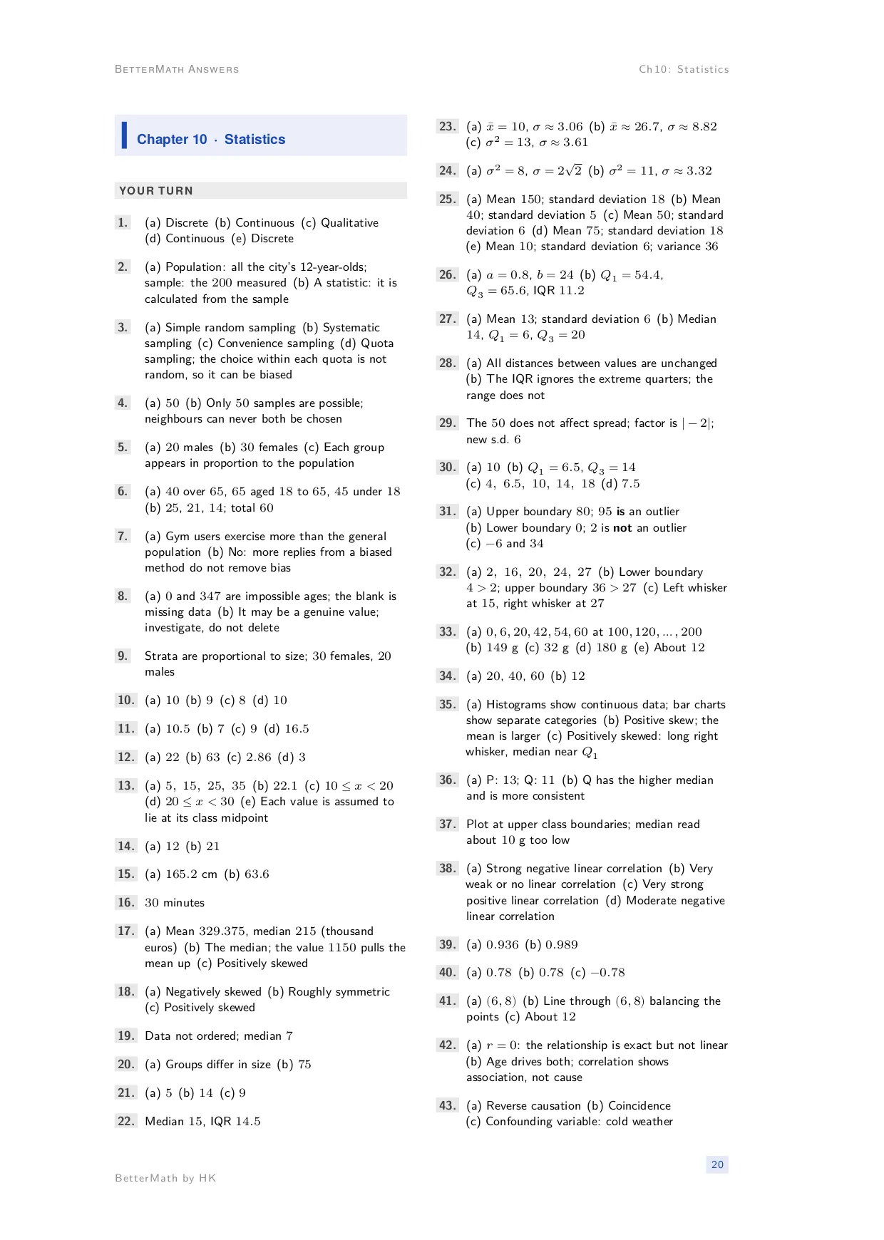 Answers booklet, page 20: Chapter 10, Statistics