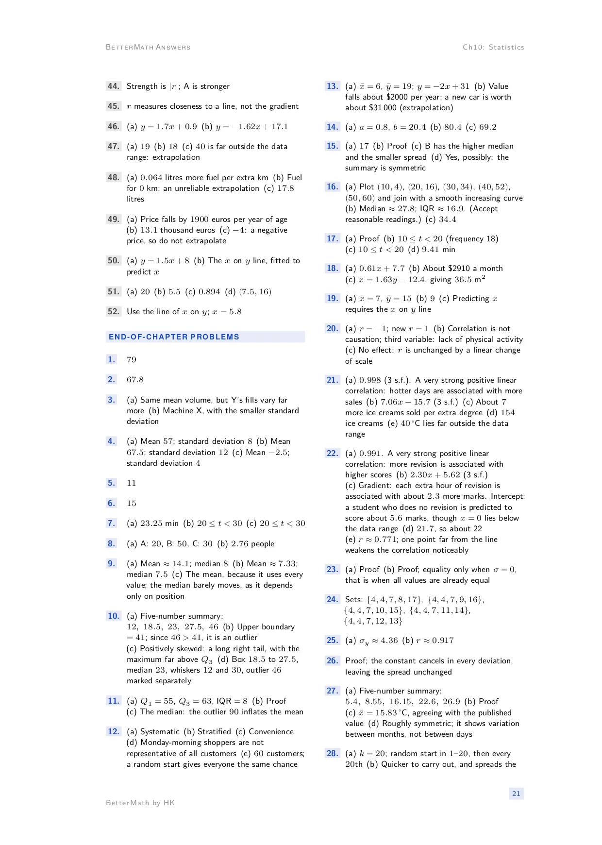 Answers booklet, page 21: Chapter 10, Statistics