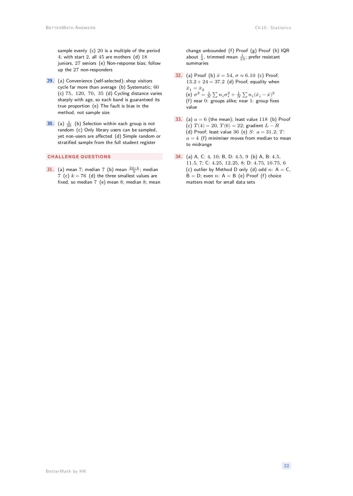 Answers booklet, page 22: Chapter 10, Statistics