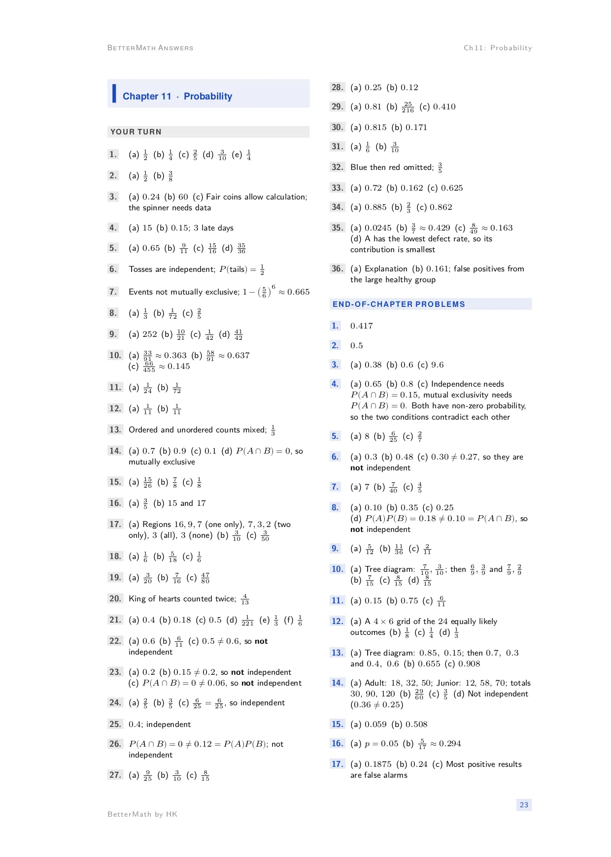 Answers booklet, page 23: Chapter 11, Probability