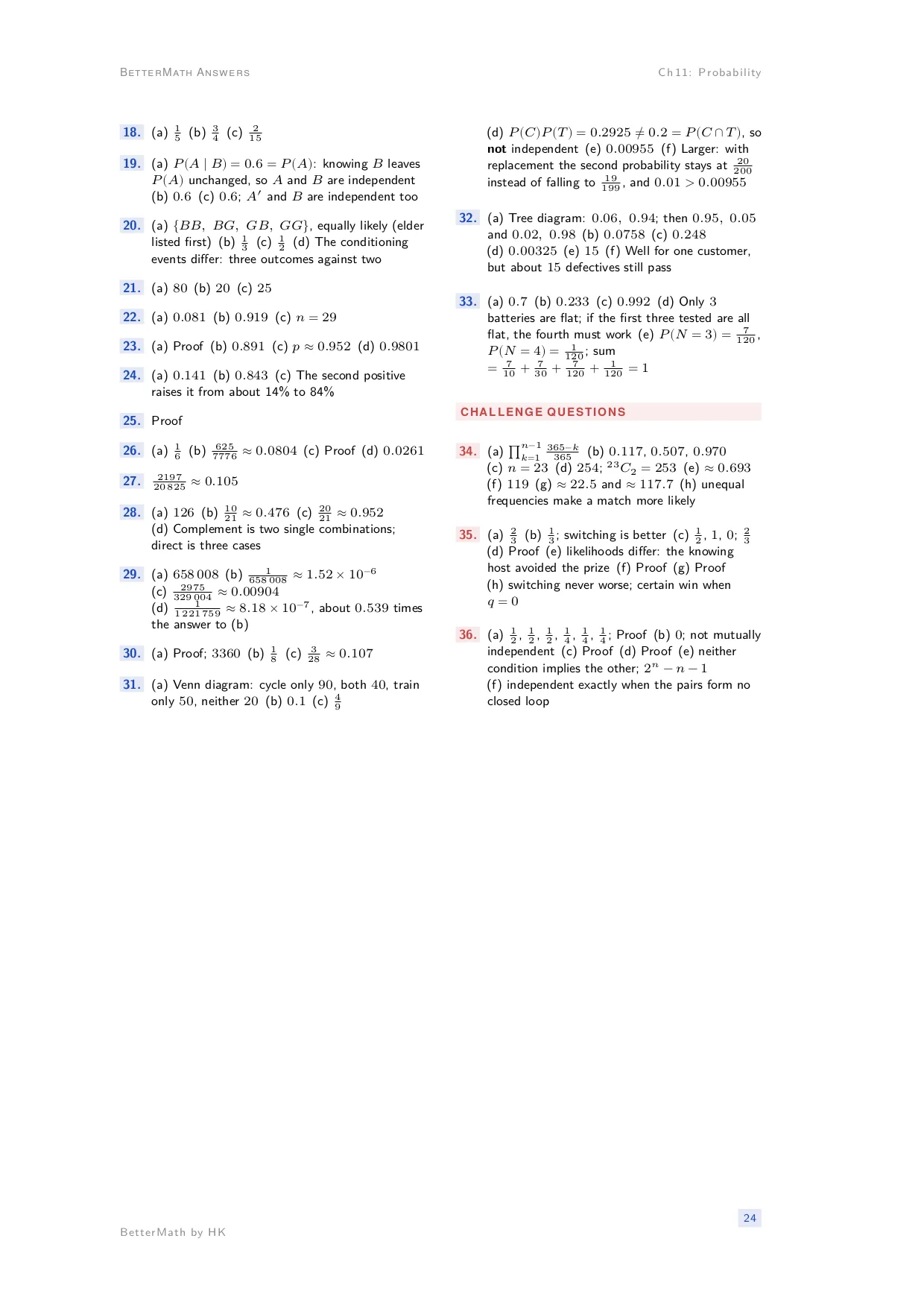 Answers booklet, page 24: Chapter 11, Probability