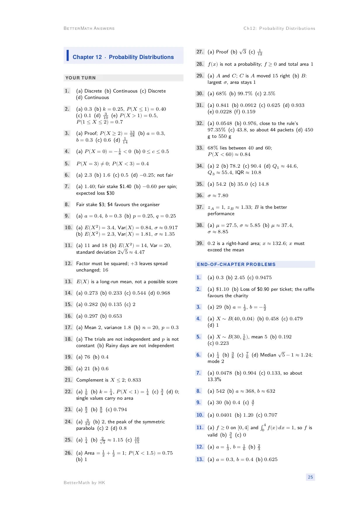 Answers booklet, page 25: Chapter 12, Probability Distributions