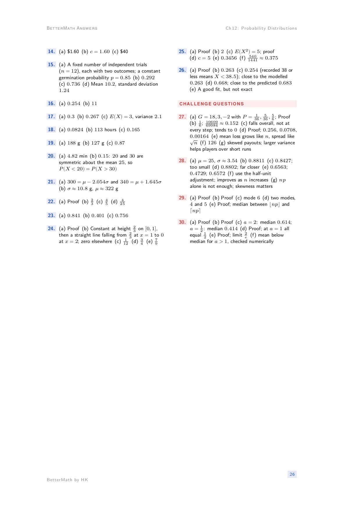 Answers booklet, page 26: Chapter 12, Probability Distributions