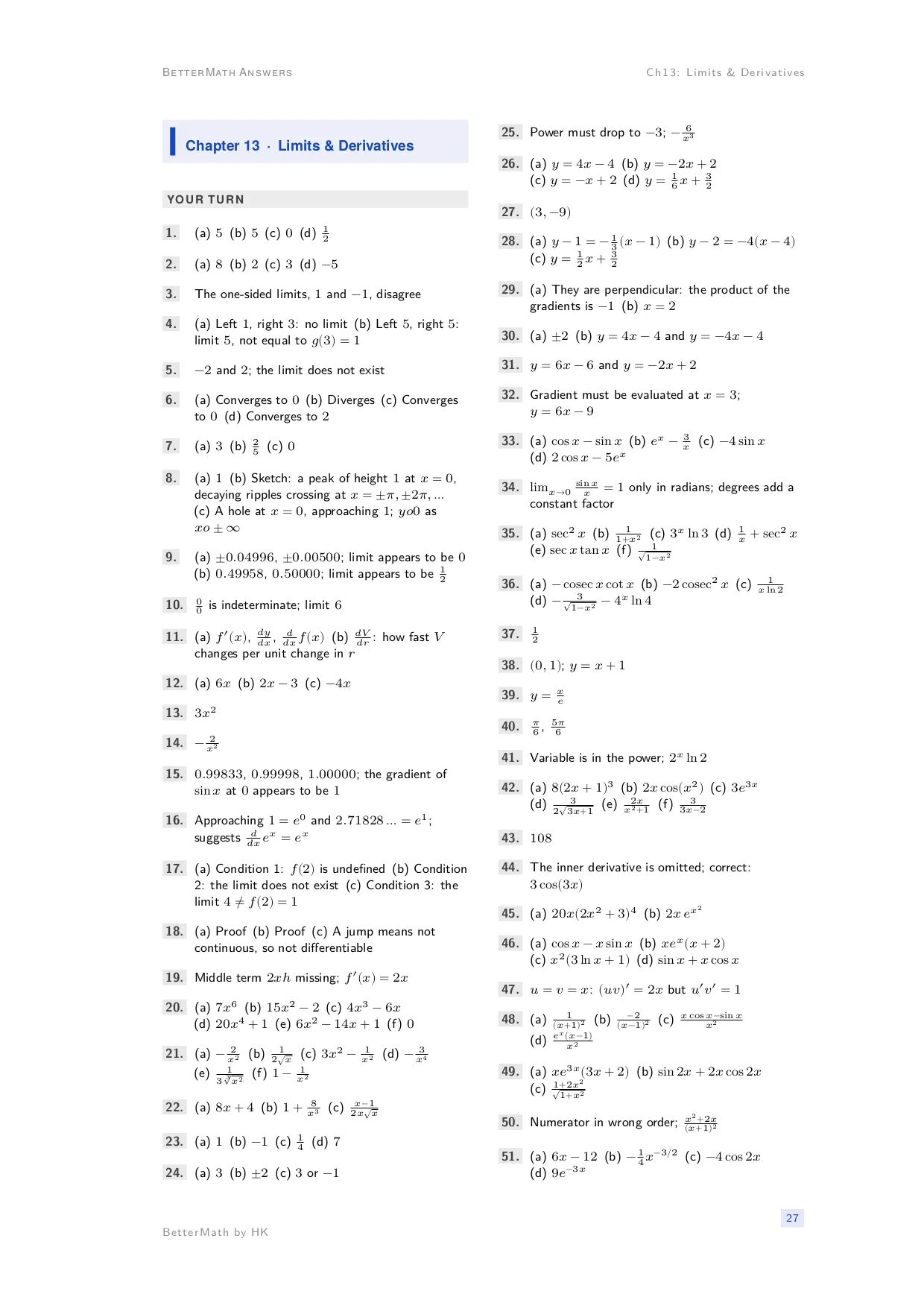 Answers booklet, page 27: Chapter 13, Limits & Derivatives