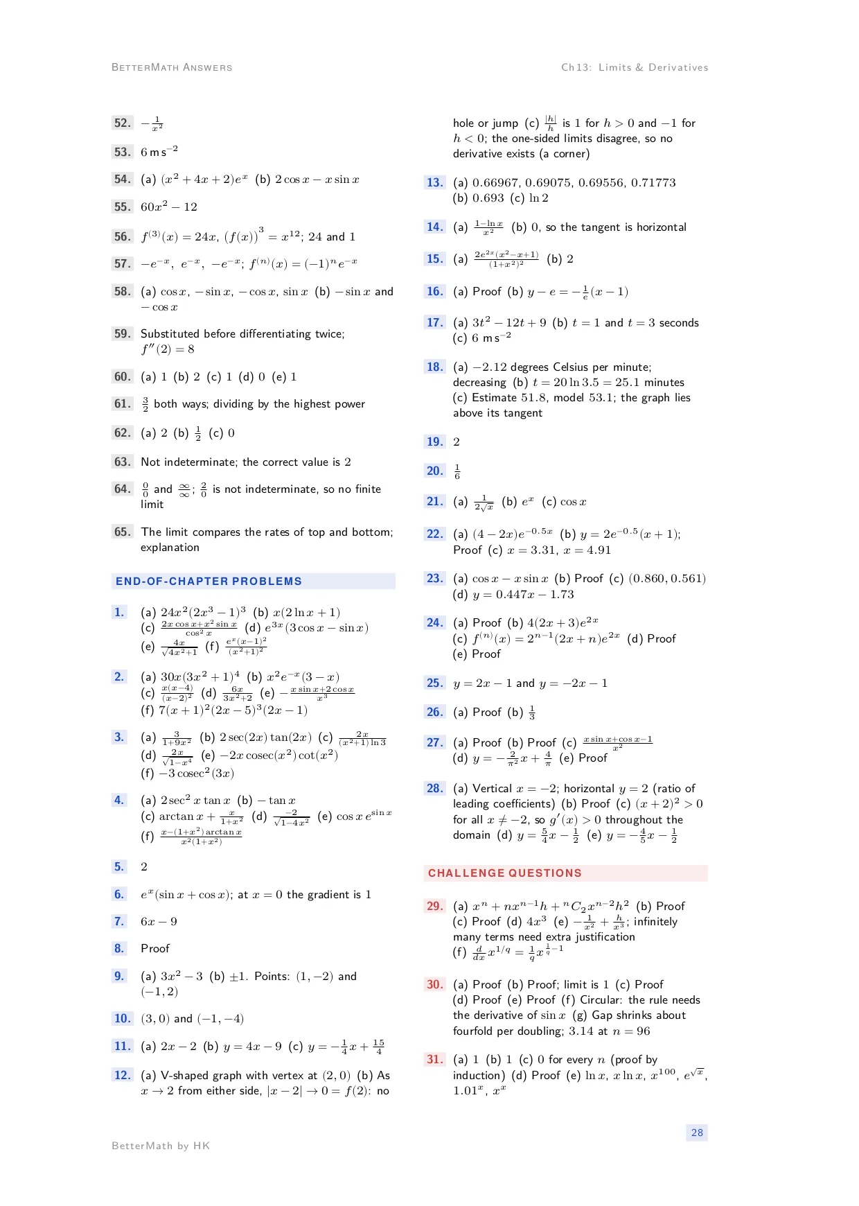 Answers booklet, page 28: Chapter 13, Limits & Derivatives