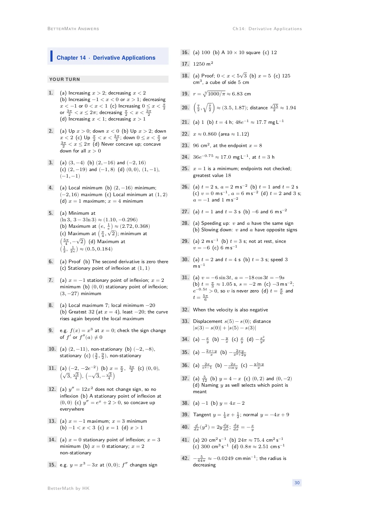 Answers booklet, page 30: Chapter 14, Derivative Applications