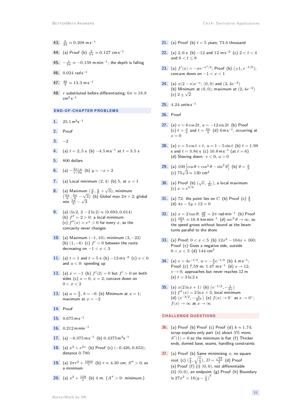 Answers booklet, page 31: Chapter 14, Derivative Applications