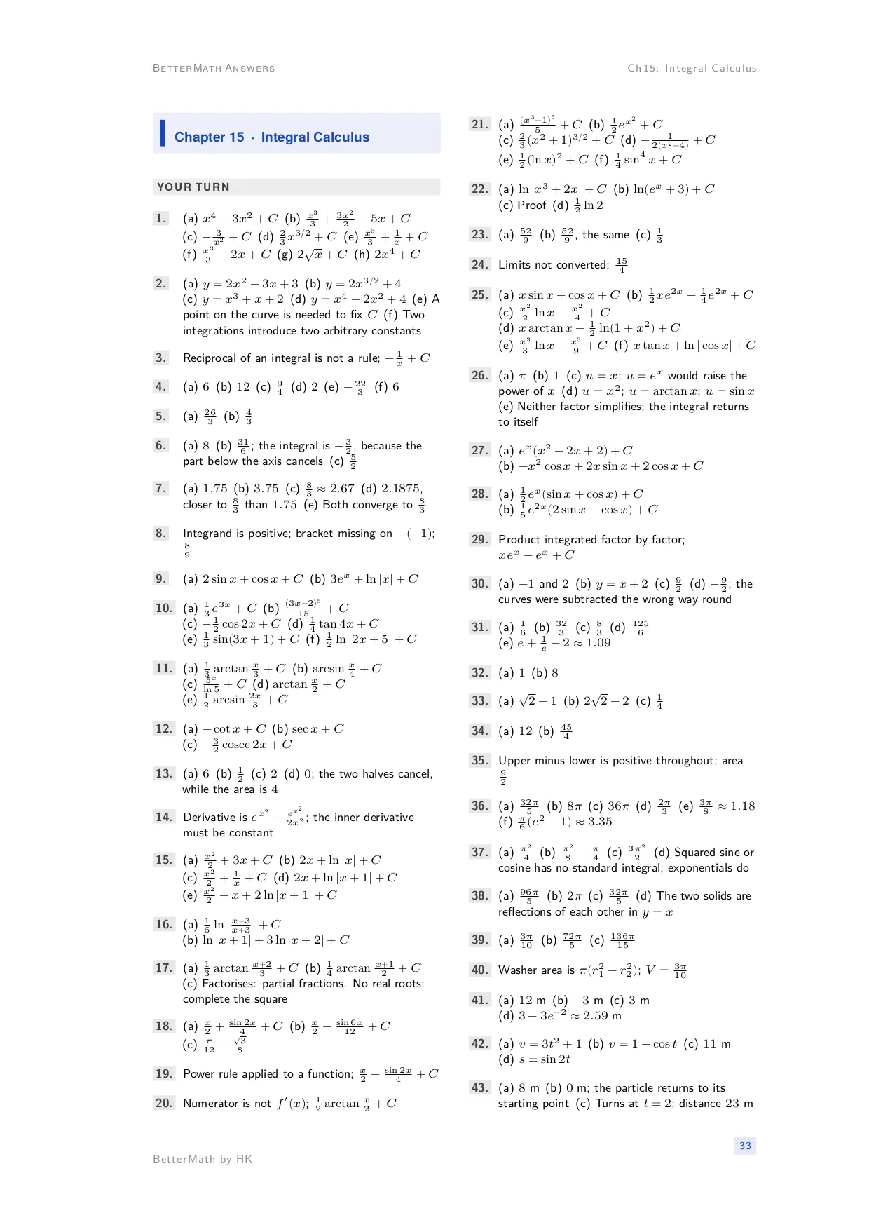Answers booklet, page 33: Chapter 15, Integral Calculus