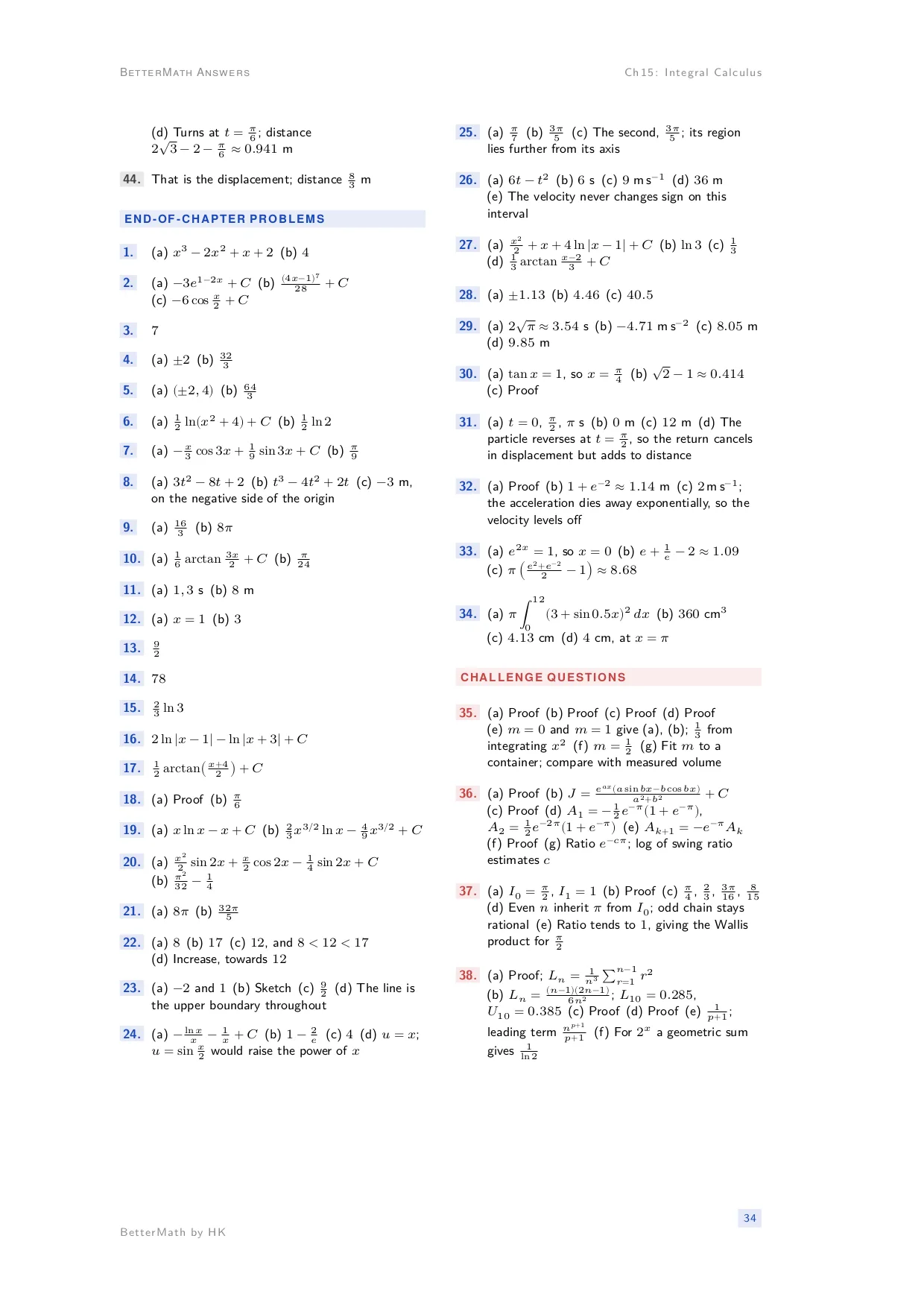 Answers booklet, page 34: Chapter 15, Integral Calculus