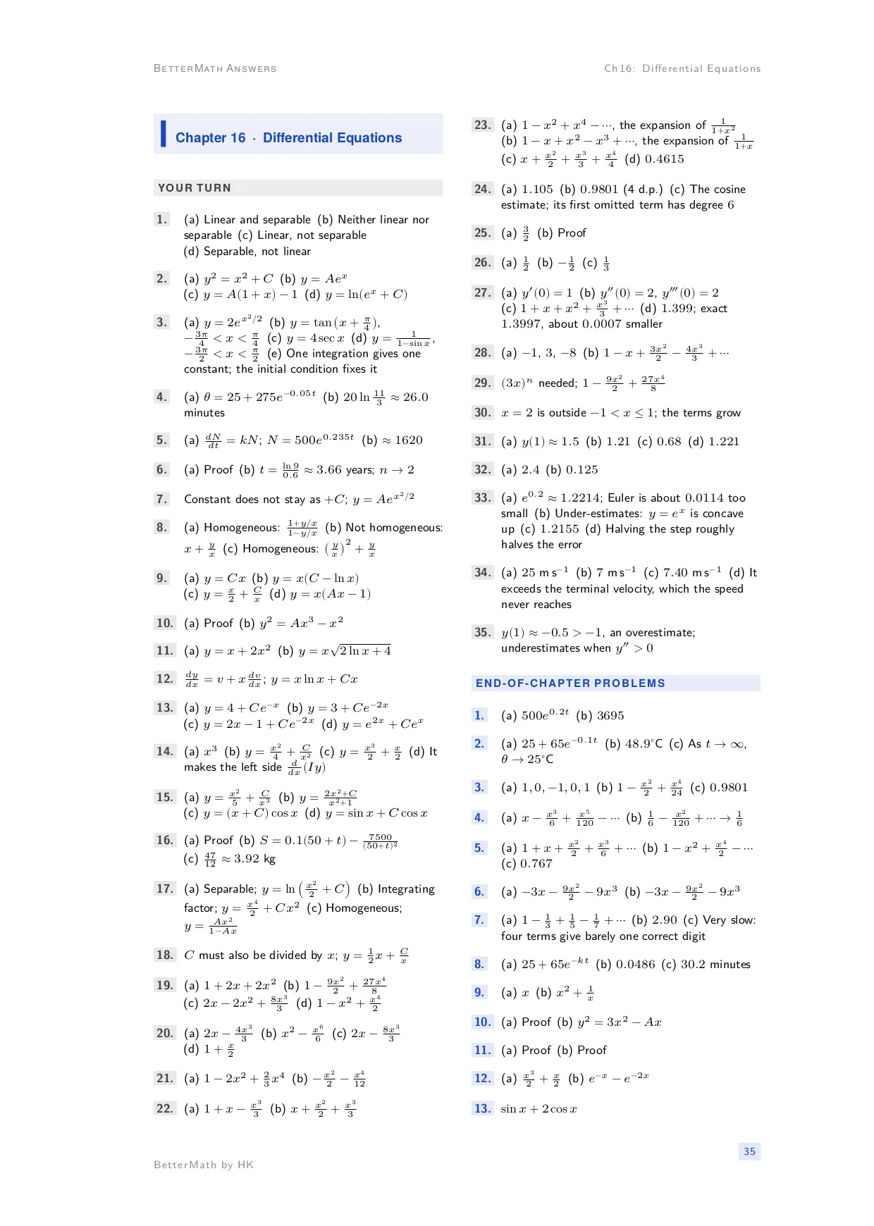 Answers booklet, page 35: Chapter 16, Differential Equations