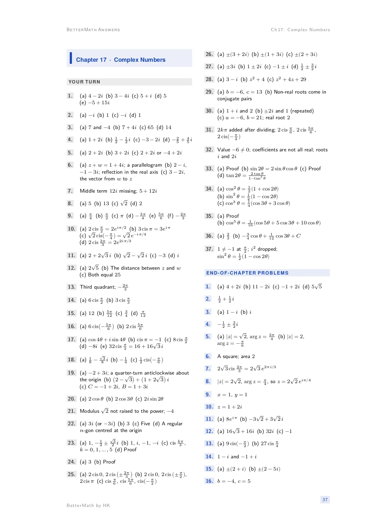 Answers booklet, page 37: Chapter 17, Complex Numb ers
