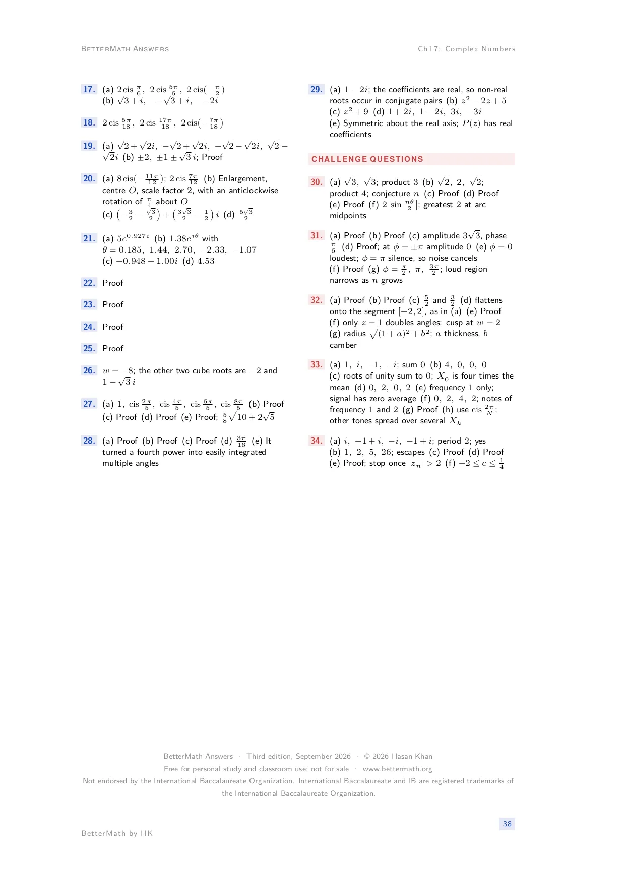 Answers booklet, page 38: Chapter 17, Complex Numb ers