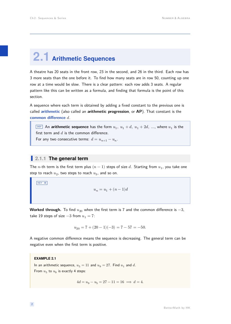 Section 2.1, Arithmetic Sequences, with a definition and worked example